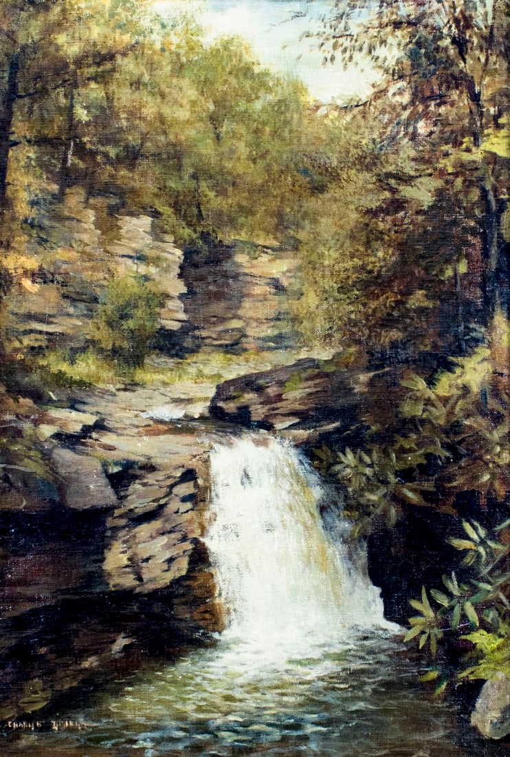 Charles Zimmerman (US,early 20C) oil painting antique: ARTIST: Charles Zimmerman (American, early 20 century) TITLE: Waterfall Landscape MEDIUM: oil on canvas CONDITION: Relined. Few minor scratches/paint losses. No visible inpa