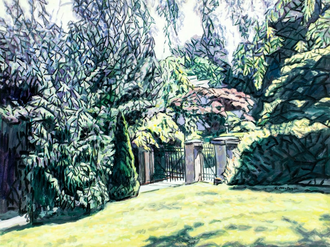 Evelyn Metzger (NY,Brazil,1911-2007) oil painting: ARTIST: Evelyn Borchard Metzger (New York, Brazilian, 1911 - 2007) TITLE: Garden Landscape MEDIUM: oil on board CONDITION: Minor damages to edges and corners. Few minor pa