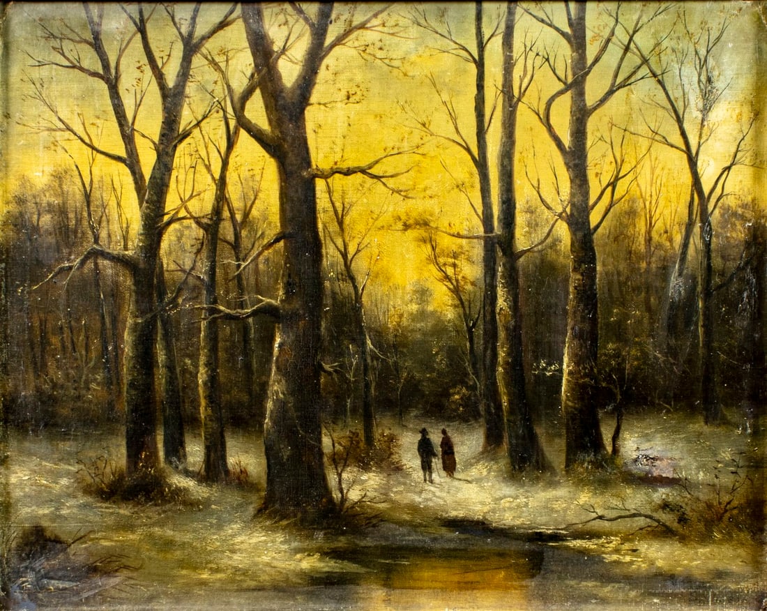 S Wilson (19C) oil painting antique: ARTIST: S Wilson (19 century) TITLE: Sunset Forest Landscape with Figures MEDIUM: oil on canvas. Canvas applied to board. CONDITION: Minor paint losses. Some craquelure. Som
