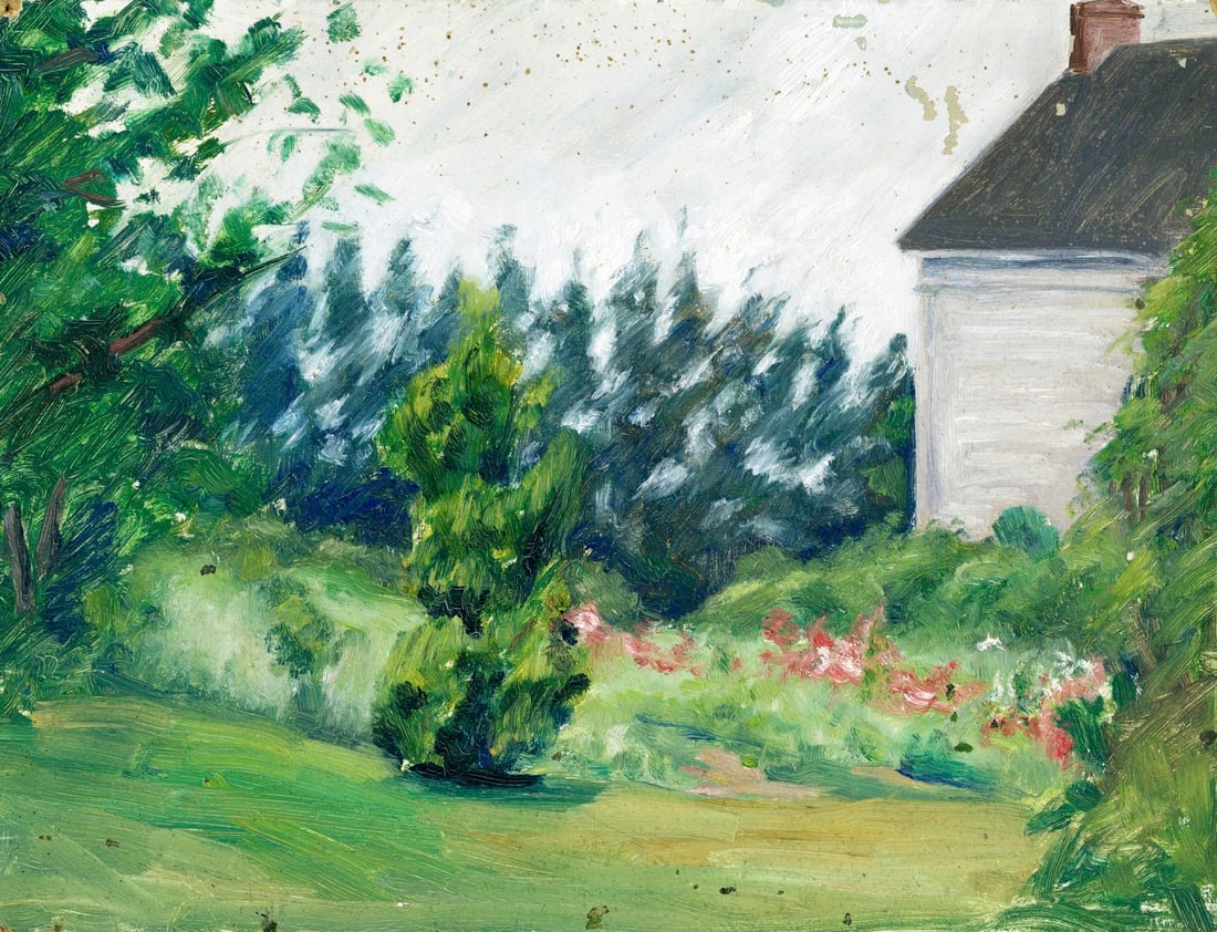 Helen DuMond (NY,CA,OR,1872-1968) oil painting: ARTIST: Helen Savier DuMond (New York, California, Oregon, 1872 - 1968) TITLE: Landscape with House MEDIUM: oil on board CONDITION: Some damages to corners. Some scratches