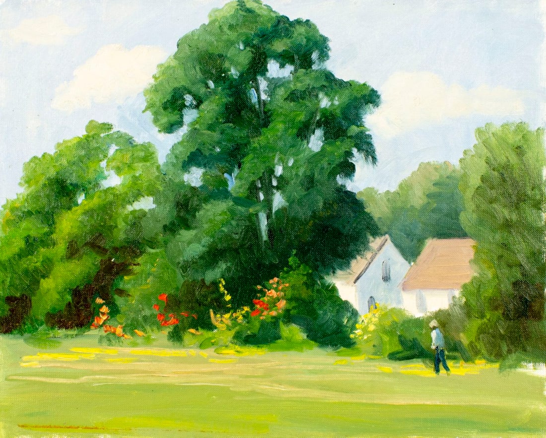 George Holloway (NJ,20C) oil painting: ARTIST: George Holloway (New Jersey, 20 century) TITLE: Village Landscape MEDIUM: oil on canvas board CONDITION: Few minor paint losses. No visible inpaint under UV light.