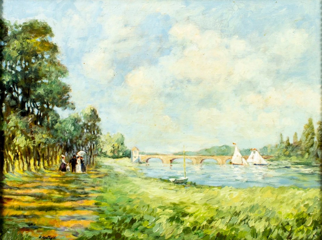 Kaethe Hoeltzell (NY,FL,German,1925-2013) oil painting: ARTIST: Kaethe Hoeltzell (New York, Florida, Germanu, 1925 - 2013) TITLE: River Landscape with Sailboats YEAR: circa 1982 MEDIUM: oil on canvas CONDITION: