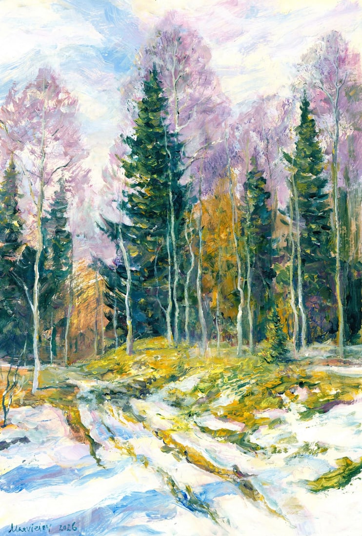 Andriy Matveiev (Ukraine,b 1988) oil painting: ARTIST: Andriy Matveiev (Ukrainian, born 1988) TITLE: Winter Forest Landscape MEDIUM: oil on heavy paper CONDITION: Very good. No visible inpaint under UV light.