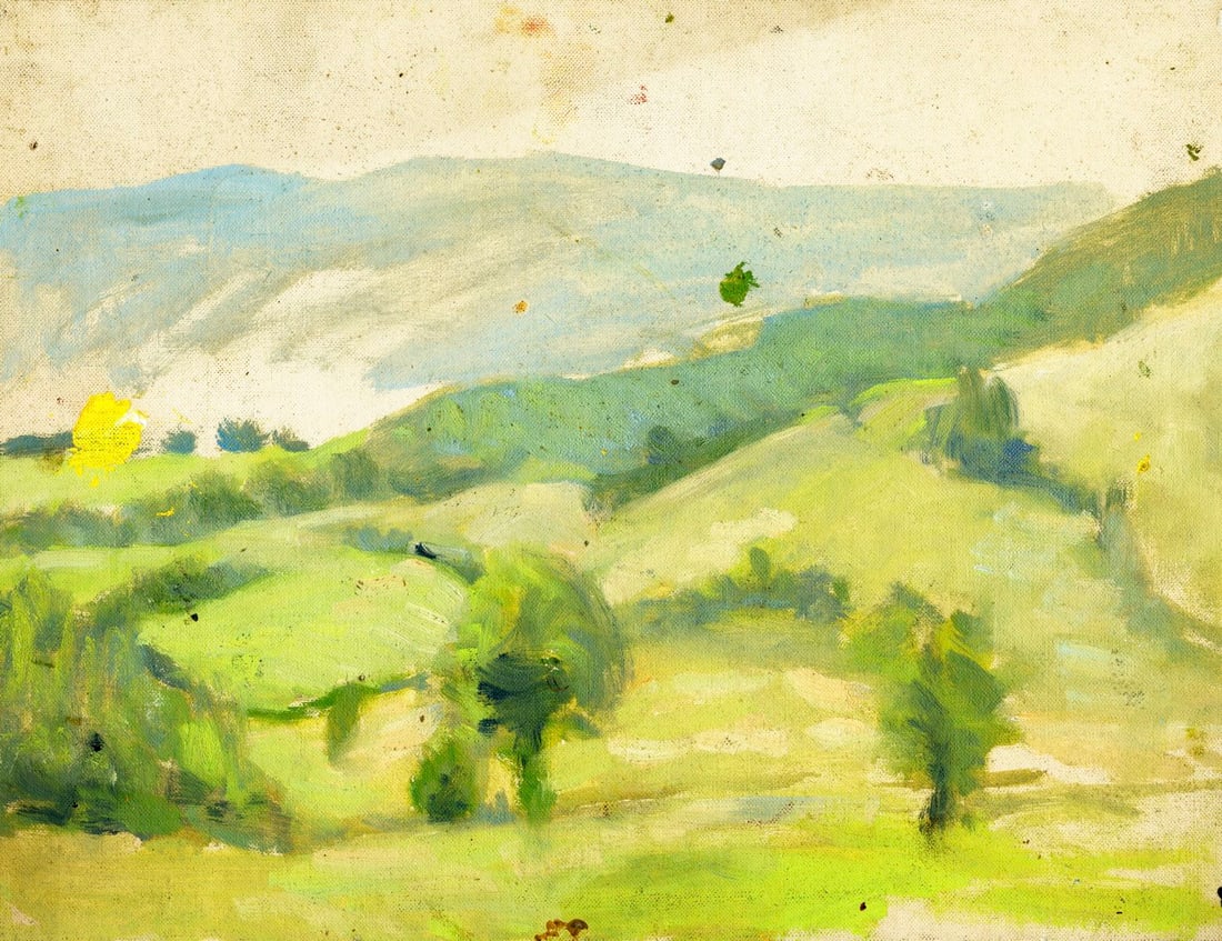 Helen DuMond (NY,CA,OR,1872-1968) oil painting: ARTIST: Helen Savier DuMond (New York, California, Oregon, 1872 - 1968) TITLE: Hilly Landscape MEDIUM: oil on canvas board CONDITION: Few small scratches/paint losses. No