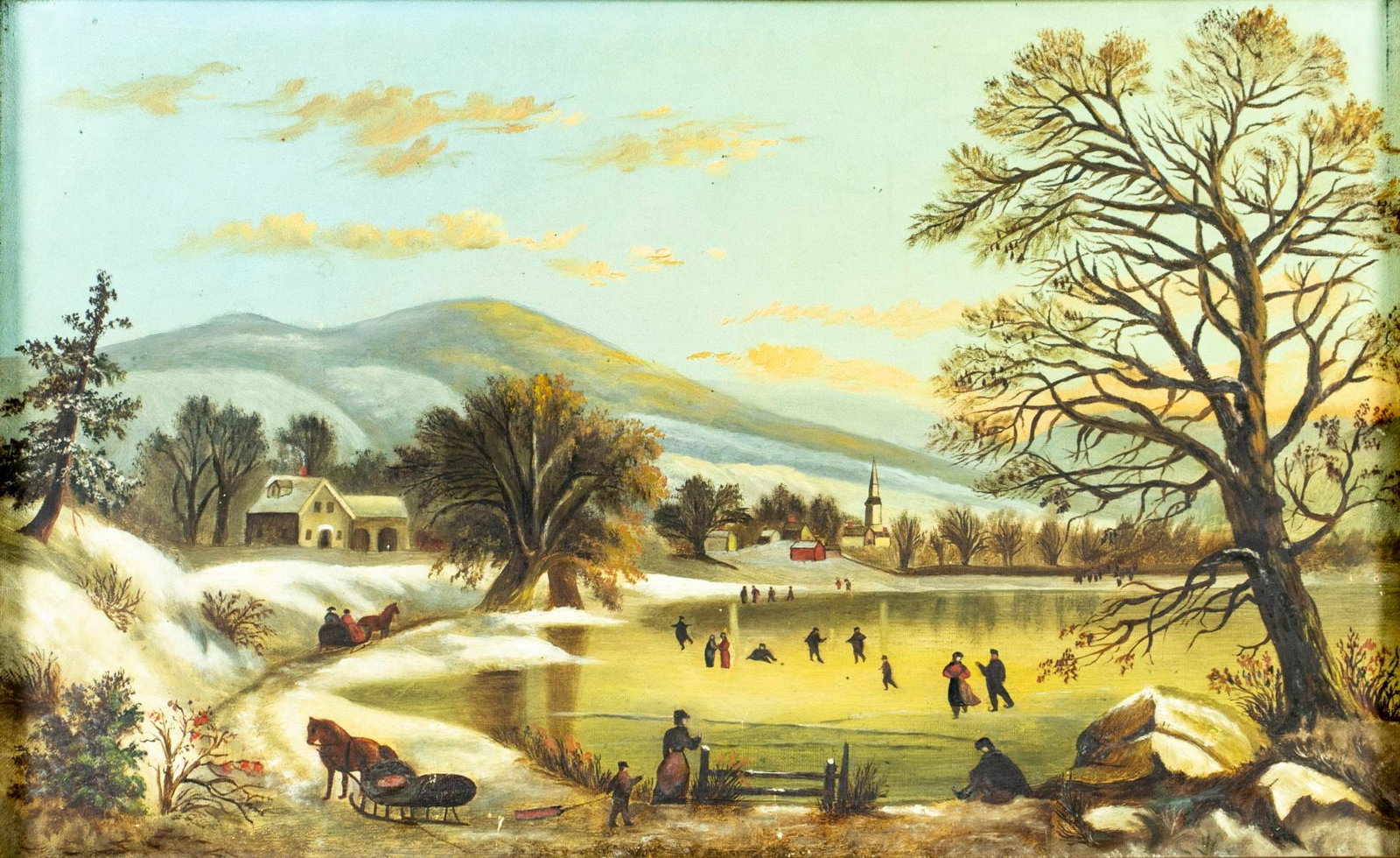 Antique 19C American oil painting: ARTIST: - (United States, 19 century) TITLE: Winter Village Landscape MEDIUM: oil on canvas CONDITION: One pinhole puncture by the right edge. Some small scratches/paint l