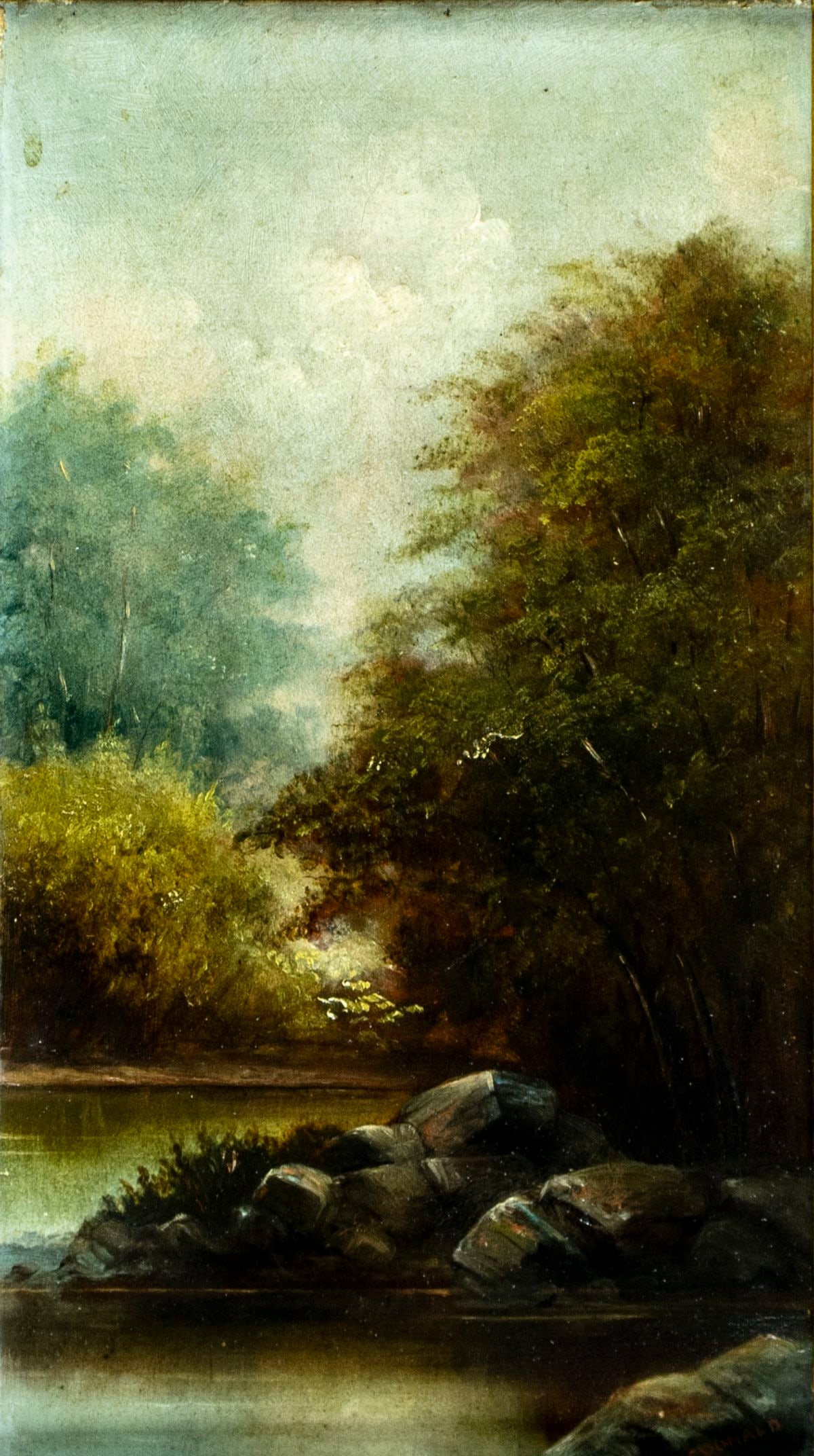 J MacDonald (19C) oil painting antique: ARTIST: J MacDonald (19 century) TITLE: Forest River Landscape MEDIUM: oil on board CONDITION: Few small scratches. No visible inpaint under UV light. Some damages to frame.