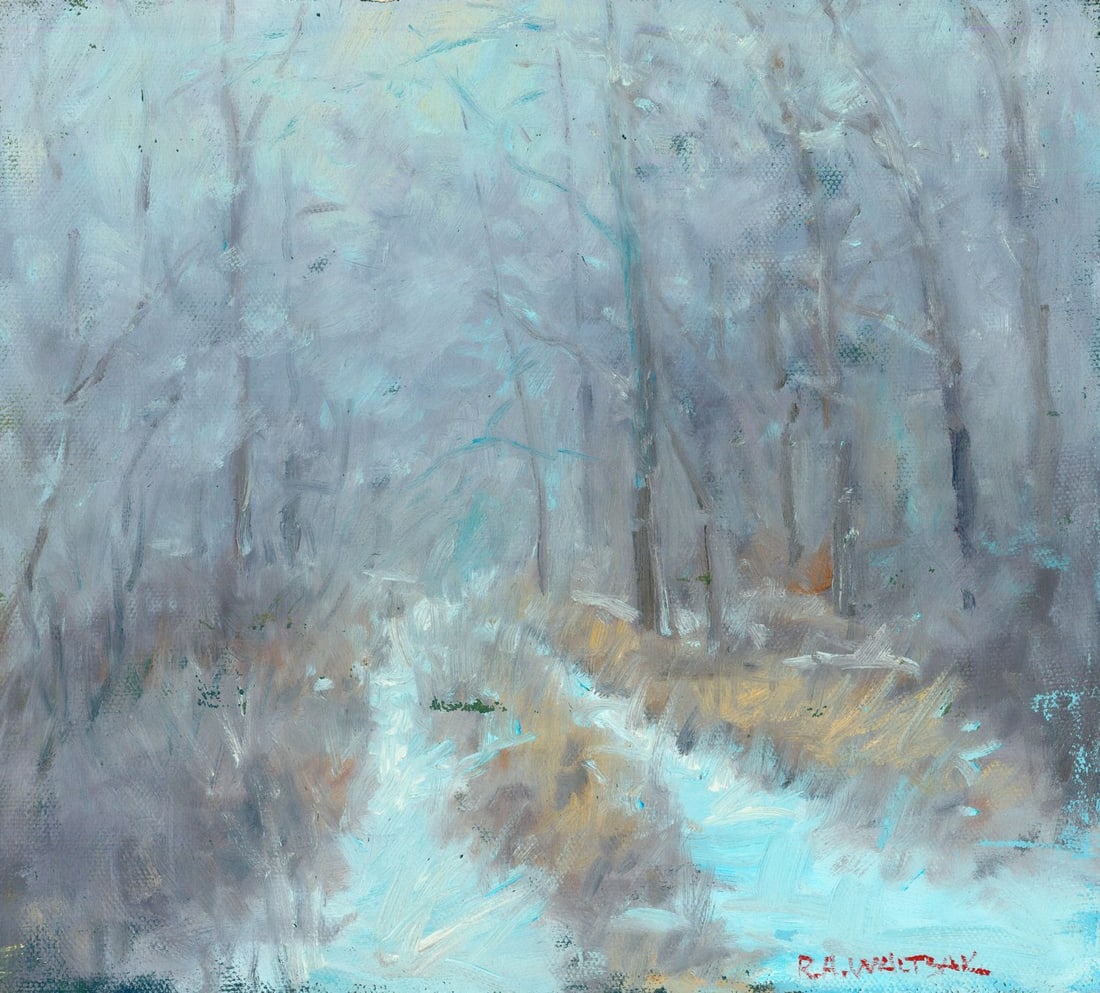 Robert Waltsak (NJ,b 1944) oil painting: ARTIST: Robert Alan Waltsak (New Jersey, born 1944) TITLE: Winter Forest Landscape MEDIUM: oil on canvas. Canvas applied to board. CONDITION: Some scratches/paint losses. No