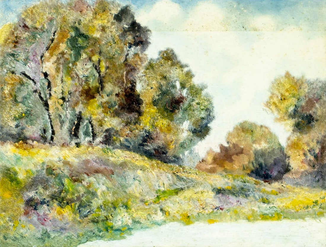 Antique early 20C American oil painting: ARTIST: - (American, early 20 century) TITLE: Autumn Landscape MEDIUM: oil on board CONDITION: Minor brown spots along the upper edge. Few small scratches. No visible inpa