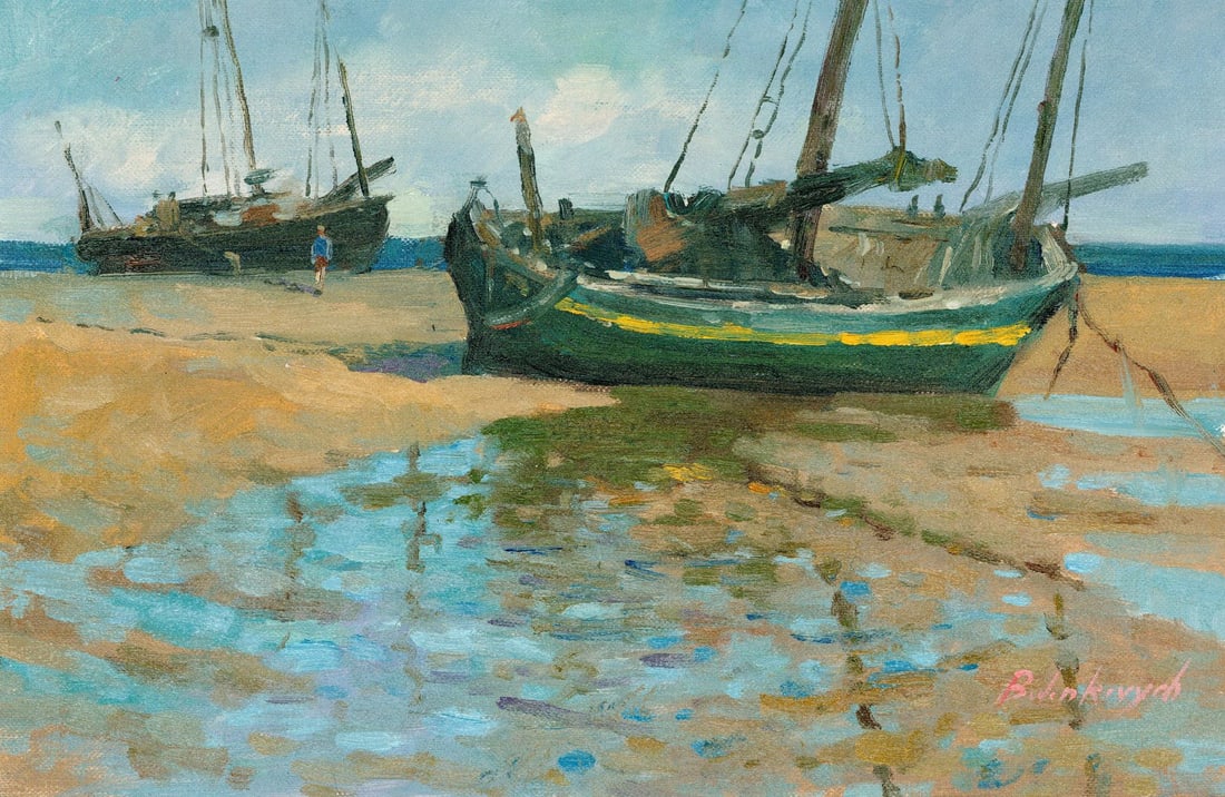 Volodymyr Budenkevych (Ukraine,20/21C) oil painting: ARTIST: Volodymyr Budenkevych (Ukrainian, 20/21 centuries) TITLE: Beached Fishing Boats MEDIUM: oil on heavy paper CONDITION: Very good. No visible inpaint under UV light.