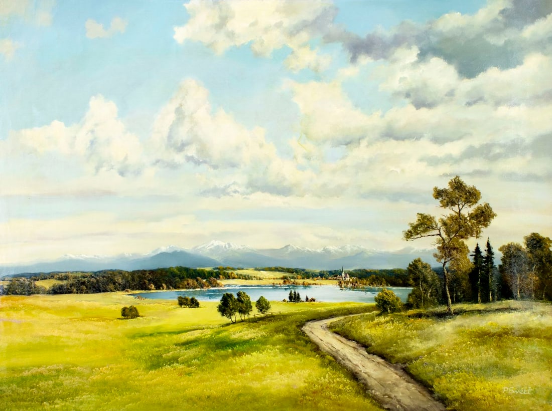 P Ewert (Canada,20C) oil painting: ARTIST: P Ewert (Canadian, 20 century) TITLE: Lake Landscape MEDIUM: oil on canvas CONDITION: Unstretched (In-House stretching available) (In-House stretching available). Mi