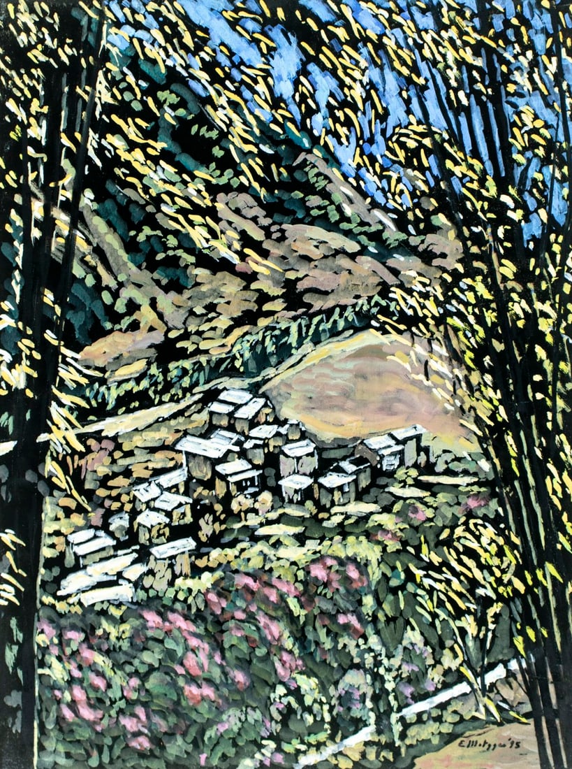 Evelyn Metzger (NY,Brazil,1911-2007) oil painting: ARTIST: Evelyn Borchard Metzger (New York, Brazilian, 1911 - 2007) TITLE: Bhutan Village Landscape (titled on verso) YEAR: 1995 MEDIUM: oil on board CONDITION:<