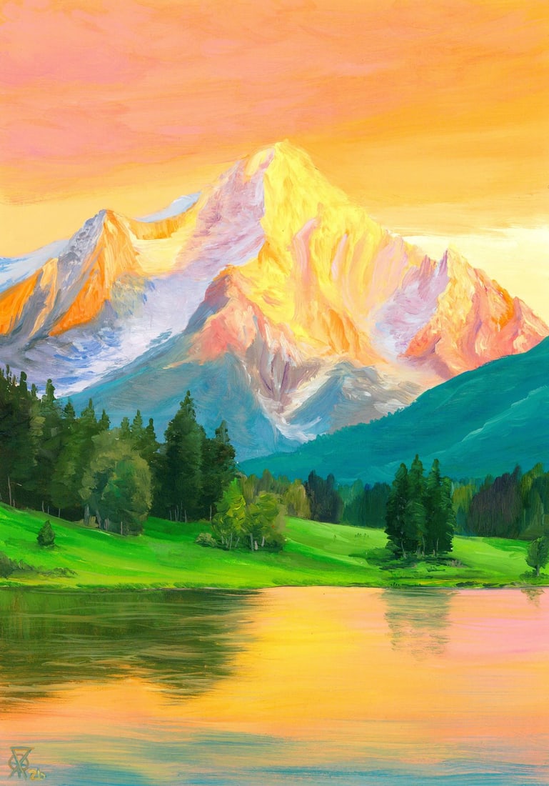 Oleksandr Pukhno (Ukraine,20/21C) oil painting: ARTIST: Oleksandr Pukhno (Ukrainian, 20/21 centuries) TITLE: Sunset Mountain Lake Landscape MEDIUM: oil on heavy paper CONDITION: Very good. No visible inpaint under UV ligh