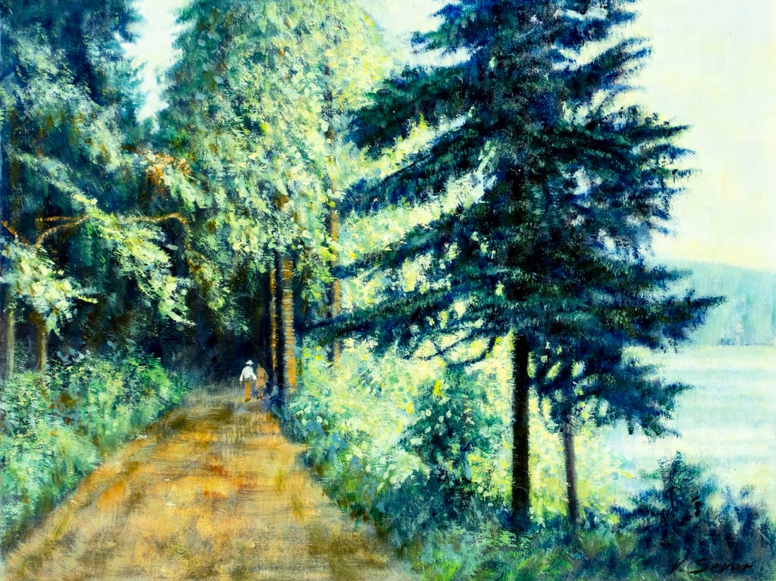 V Sever (Europe,20C) oil painting: ARTIST: V Sever (European, 20 century) TITLE: Forest Landscape with Couple MEDIUM: oil on canvas CONDITION: Unstretched (In-House stretching available) (In-House stretching