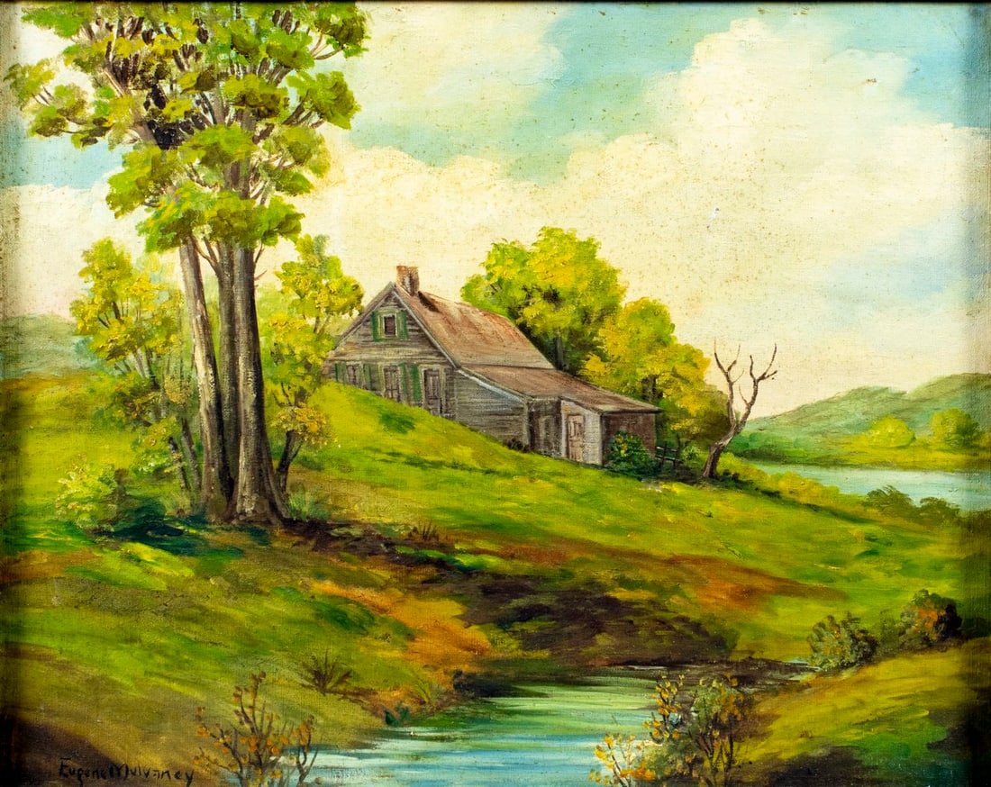 Eugene Mulvaney (FL,mid 20C) oil painting: ARTIST: Eugene Mulvaney (Florida, mid 20 century) TITLE: Country Landscape with Cottage MEDIUM: oil on canvas board CONDITION: Few small paint losses. Some small brown spots