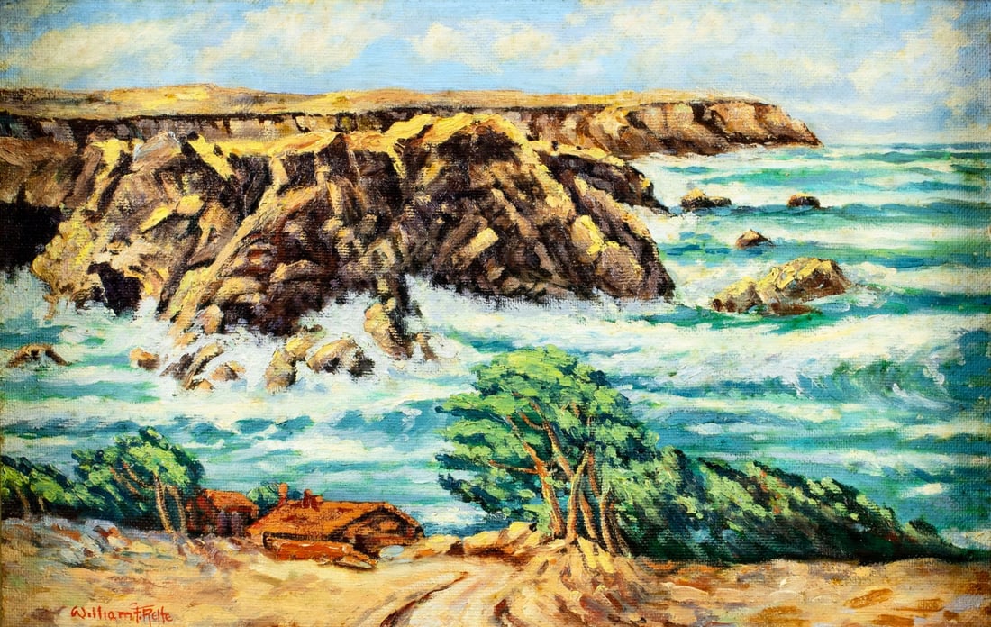 William F Relfe (CA,1896-?) oil painting: ARTIST: William F Relfe (California, 1896 - ???) TITLE: Coastal Landscape with Houses MEDIUM: oil on board CONDITION: Overall good. No visible inpaint under UV light.