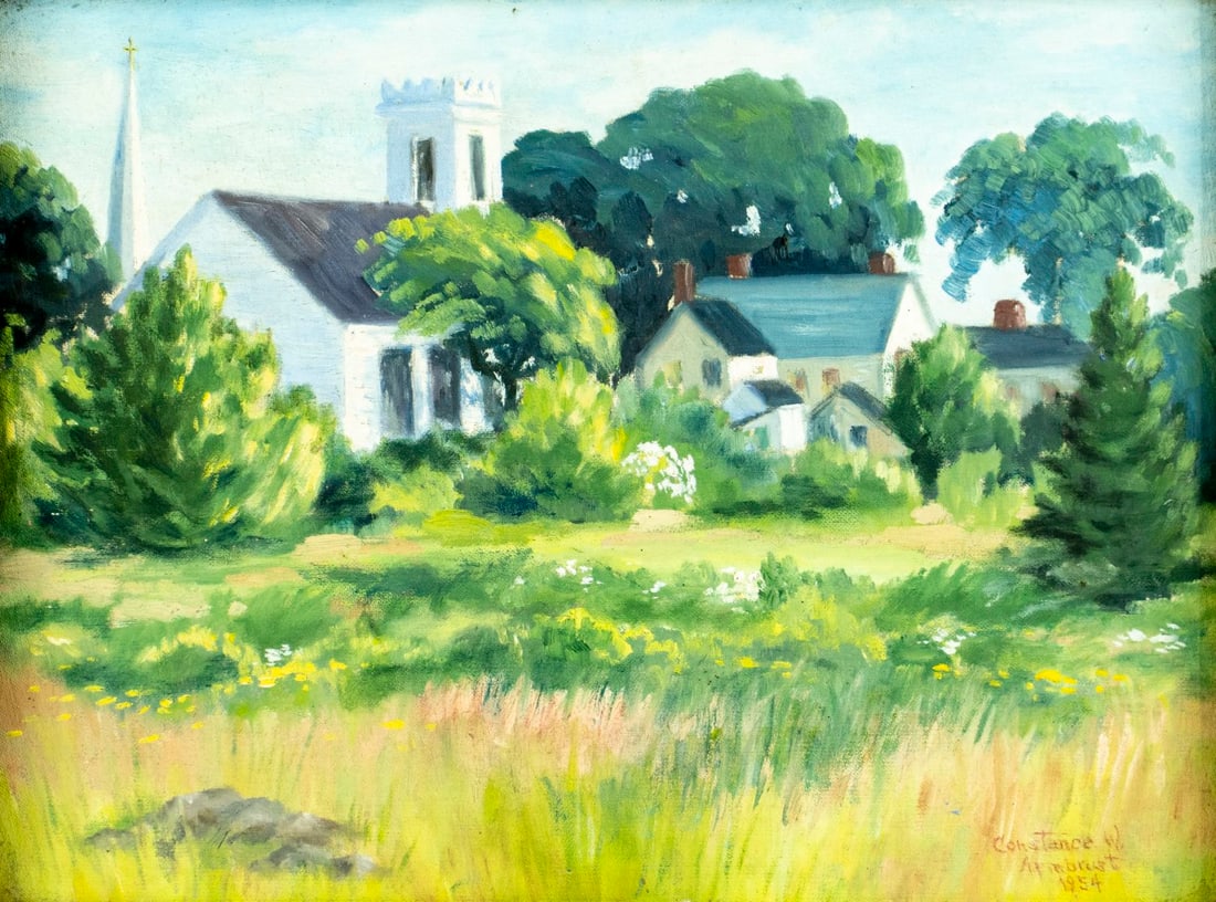 Constance W Armbrust (RI,1907-2008) oil painting: ARTIST: Constance W Armbrust (Rhode Island, 1907 - 2008) TITLE: Village Landscape with Church YEAR: 1954 MEDIUM: oil on canvas board CONDITION: One nail