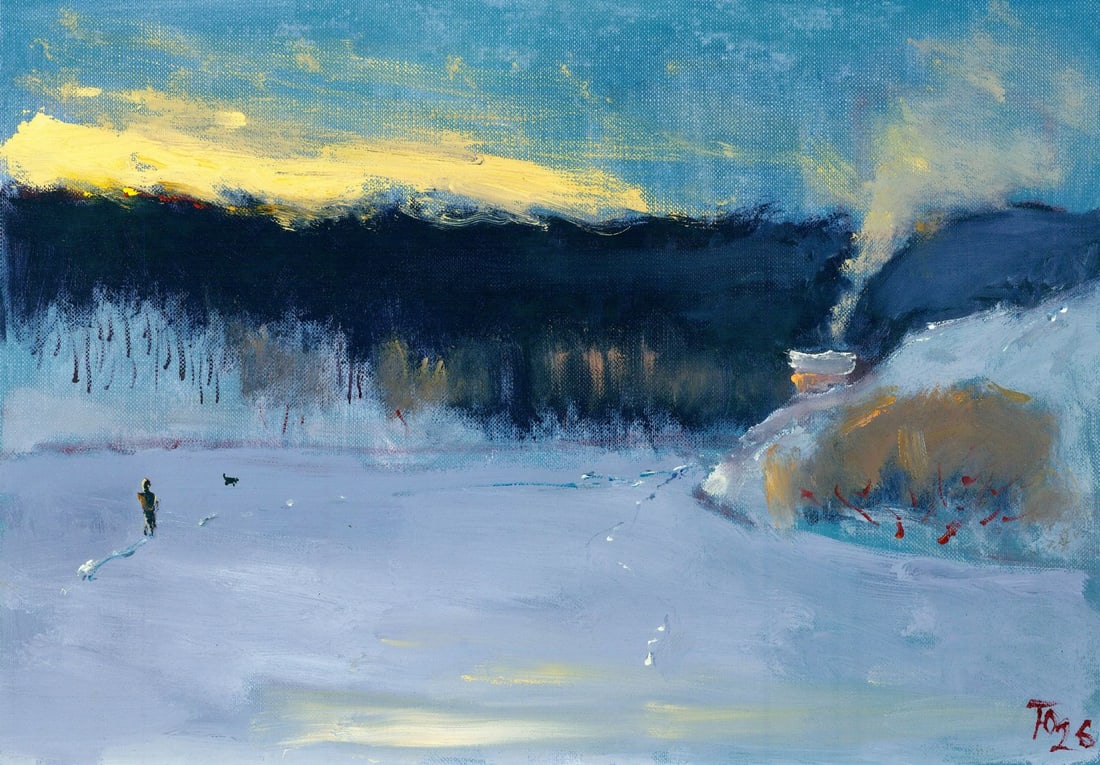 Yuri Tertychnik (Ukraine,20/21C) oil painting: ARTIST: Yuri Tertychnik (Ukraine, 20/21 centuries) TITLE: Winter Landscape with Cottage MEDIUM: oil on heavy paper CONDITION: Very good. No visible inpaint under UV light.