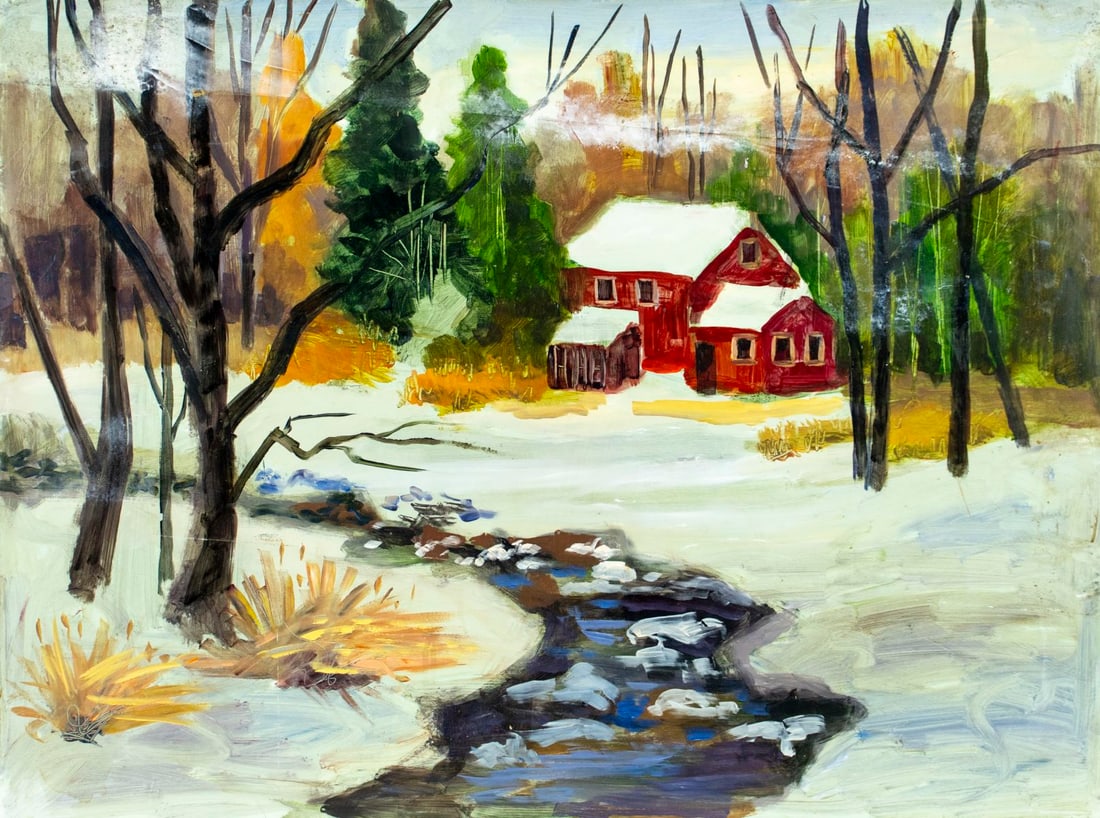 John Reilly (NY,NJ,1942-2021) oil painting: ARTIST: John Reilly (New York, New Jersey, 1942 - 2021) TITLE: Forest Landscape with Cottage MEDIUM: oil on board CONDITION: Minor damages to corners. Some white spots by