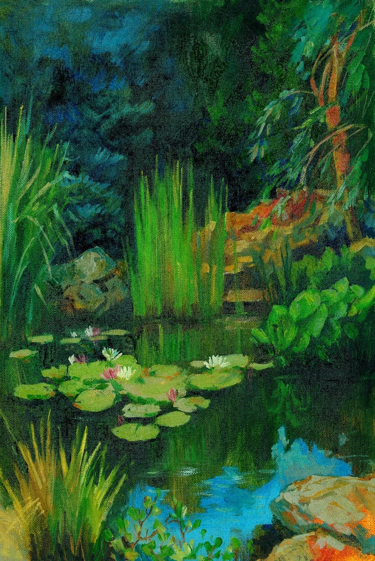 Ivana Pohonets (Ukraine,20/21C) oil painting: ARTIST: Ivana Pohonets (Ukraine, 20/21 centuries) TITLE: Landscape with Water Lilies MEDIUM: oil on heavy paper CONDITION: Very good. No visible inpaint under UV light. <