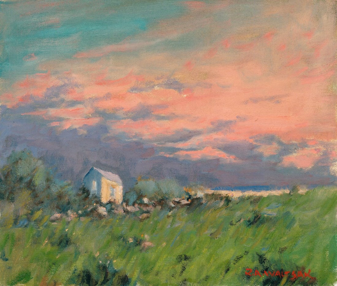 Robert Waltsak (NJ,b 1944) oil painting: ARTIST: Robert Alan Waltsak (New Jersey, born 1944) TITLE: Sunset Landscape with House MEDIUM: oil on canvas. Canvas applied to board. CONDITION: Very good. No visible inpai