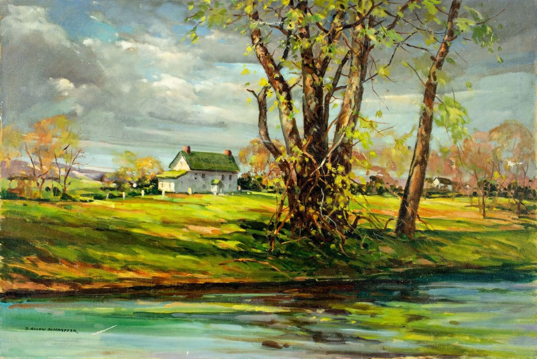 S Allyn Schaeffer (US,20C) oil painting: ARTIST: S Allyn Schaeffer (American, 20 century) TITLE: Autumn Country Landscape MEDIUM: oil on canvas CONDITION: Minor damages to the upper edge of canvas. Some scratches/p