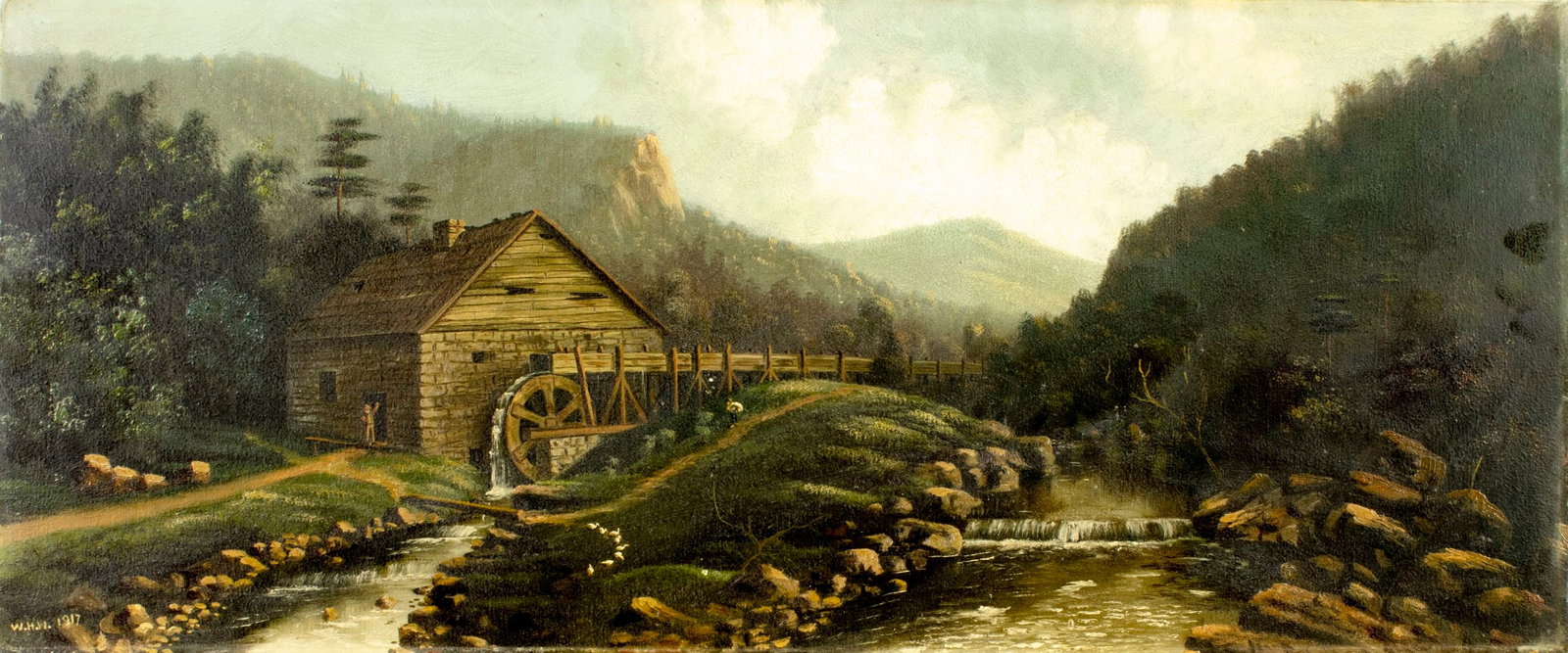 Antique early 20C American oil painting signed: ARTIST: - (American, early 20 century) TITLE: Watermill Landscape YEAR: 1917 MEDIUM: oil on board CONDITION: Some damages to edges. Few small paint los