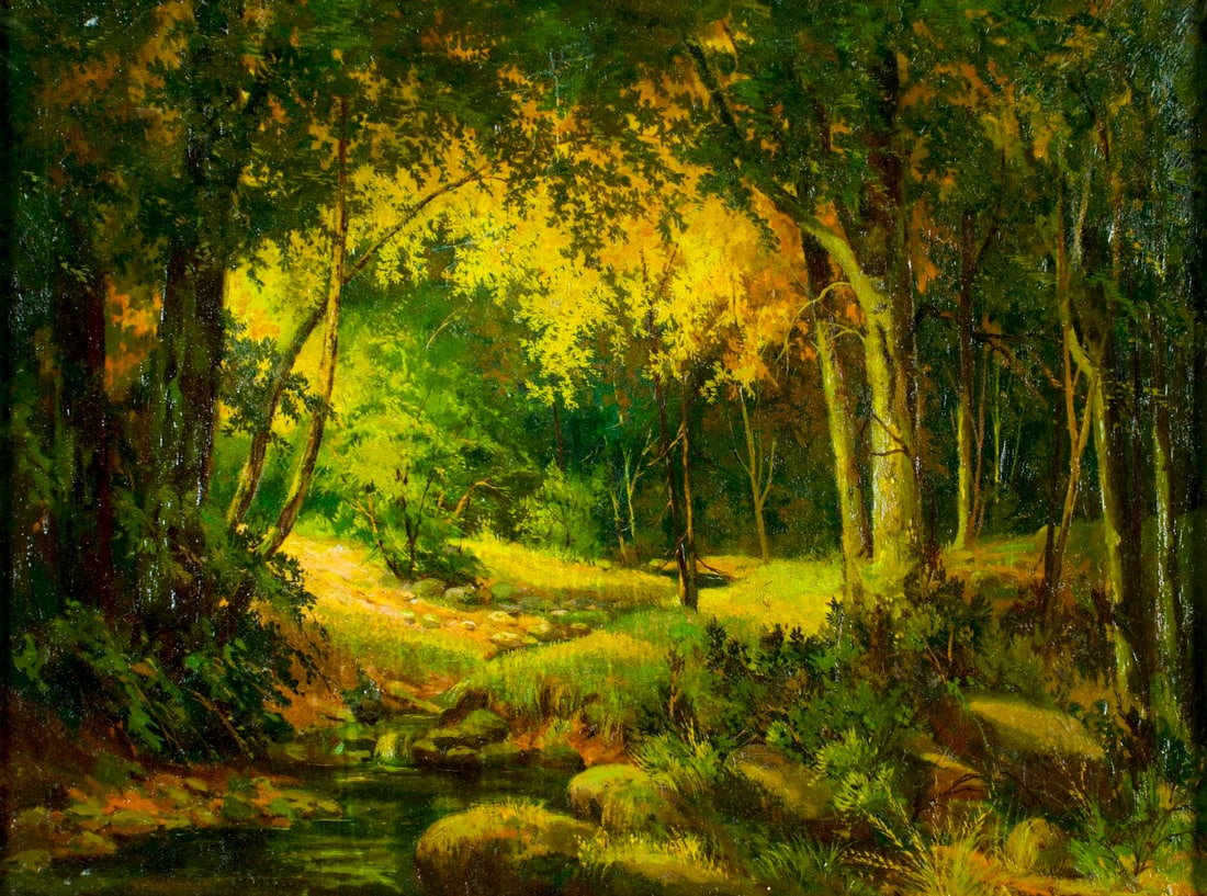 Antique early 20C American oil painting signed: ARTIST: - (American, early 20 century) TITLE: Autumn Forest Stream Landscape MEDIUM: oil on canvas CONDITION: Some patches. Some paint losses. Some craquelure. No visible