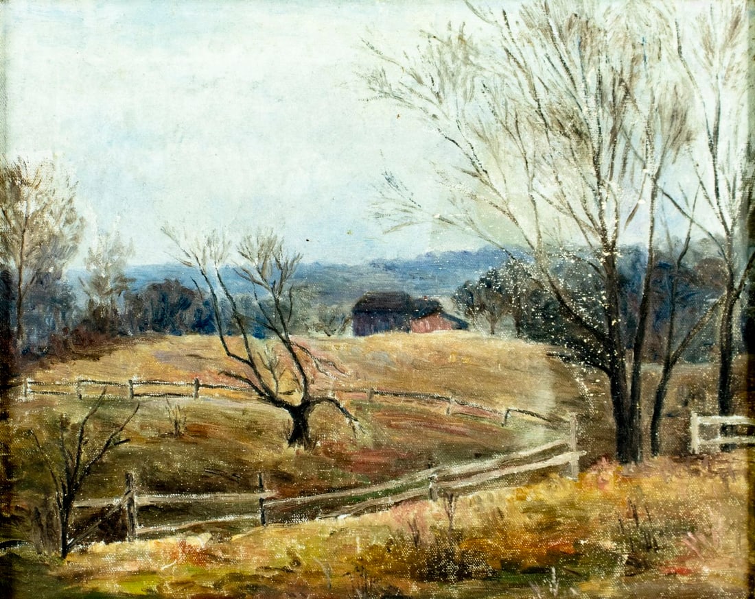 Antique early 20C American oil painting: ARTIST: - (American, early 20 century) TITLE: Autumn Country Landscape MEDIUM: oil on canvas CONDITION: Some scratches/paint losses. No visible inpaint under UV light. Minor