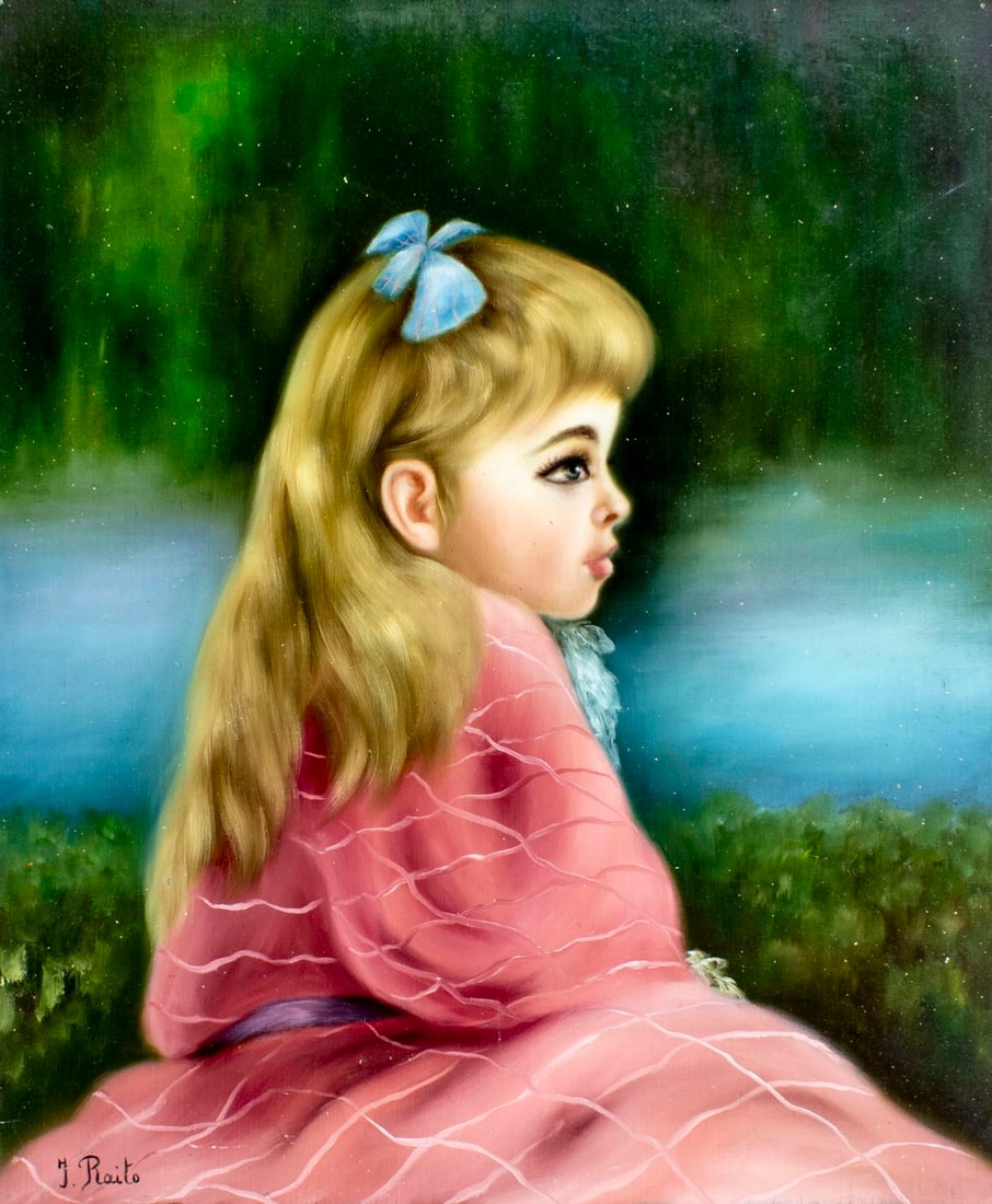 J Raito (Europe,20C) oil painting: ARTIST: J Raito (European, 20 century) TITLE: Portrait of Girl MEDIUM: oil on canvas CONDITION: Unstretched (In-House stretching available) (In-House stretching available).