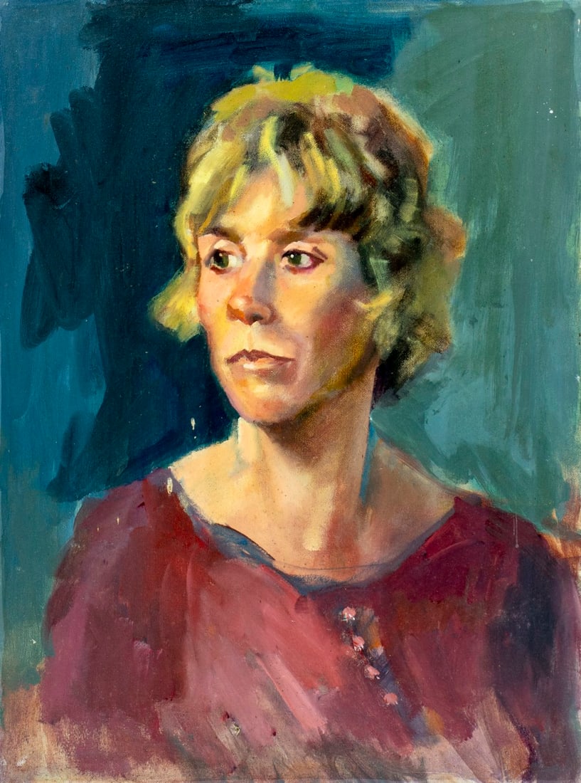 John Reilly (NY,NJ,1942-2021) oil painting: ARTIST: John Reilly (New York, New Jersey, 1942 - 2021) TITLE: Portrait of Woman MEDIUM: oil on canvas CONDITION: One minor repaired tear. Minor paint losses. No visible i