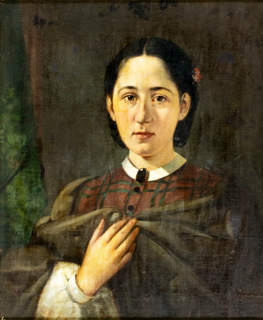 Antique 19C American oil painting: ARTIST: - (American, 19 century) TITLE: Portrait of Woman MEDIUM: oil on canvas CONDITION: One repaired tear. Some paint losses mostly along edges. Minor craquelure. Some sc