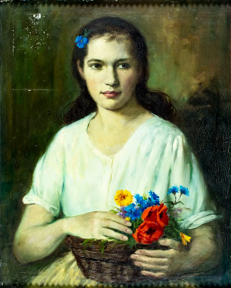 L Reizes Molnar (Hungary,1903-?) oil painting: ARTIST: L Reizes Molnar (Hungarian, 1903 - ???) TITLE: Portrait of Woman with Flowers MEDIUM: oil on canvas CONDITION: Some paint losses mostly in the upper left quadrant