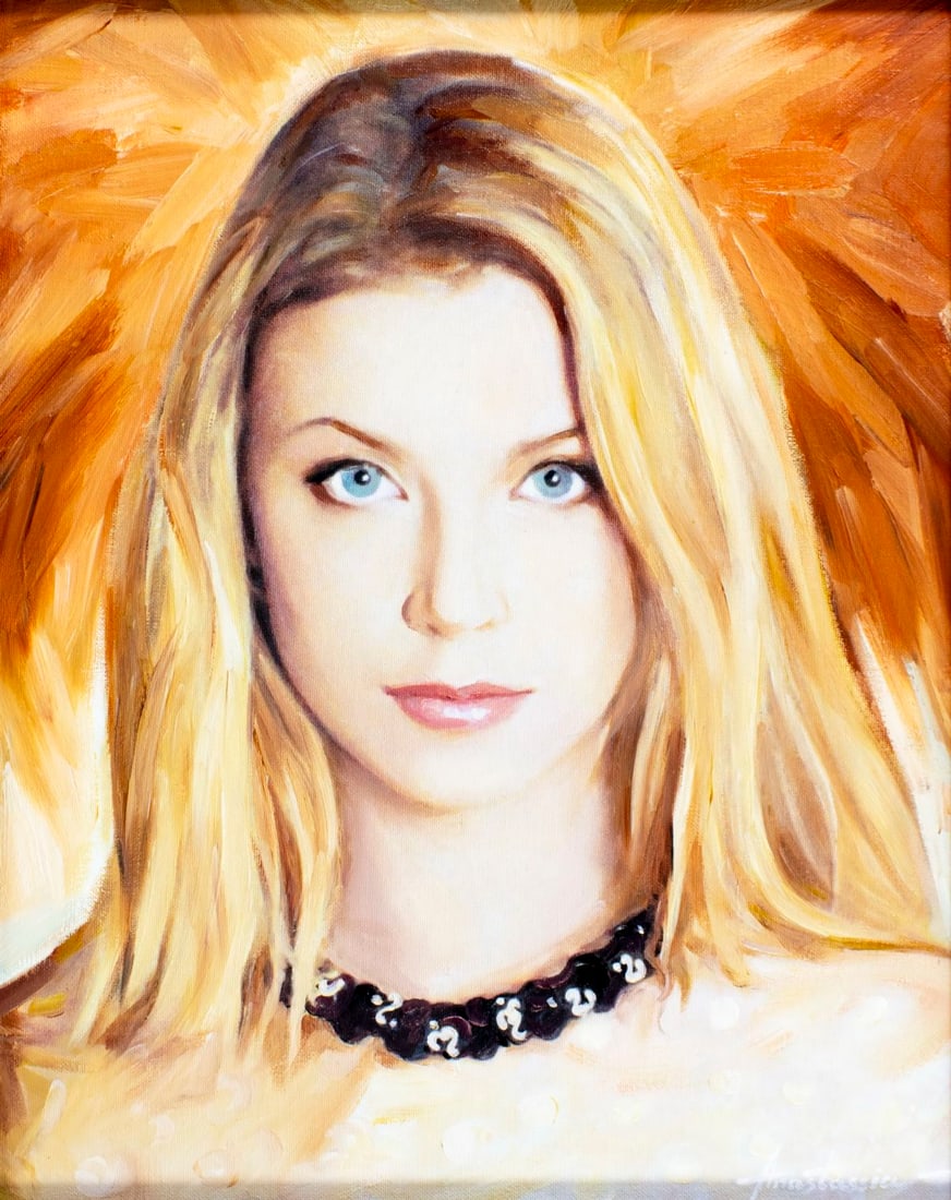 Anastassia (20/21C) oil painting: ARTIST: Anastassia (20/21 centuries) TITLE: Portrait of Woman in Black Choker MEDIUM: oil on canvas board CONDITION: Very good. No visible inpaint under UV light. Wear to fr