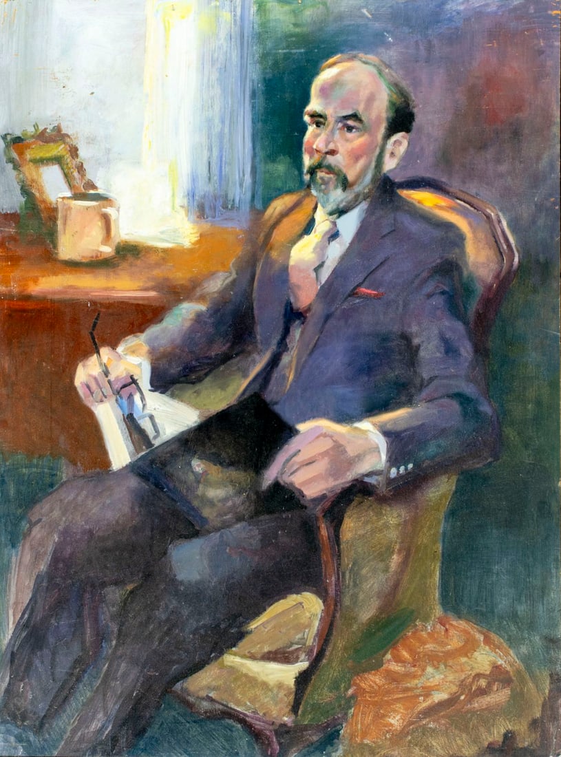 John Reilly (NY,NJ,1942-2021) oil painting: ARTIST: John Reilly (New York, New Jersey, 1942 - 2021) TITLE: Seated Man with Book MEDIUM: oil on board CONDITION: Some scratches/paint losses mostly along the upper edge