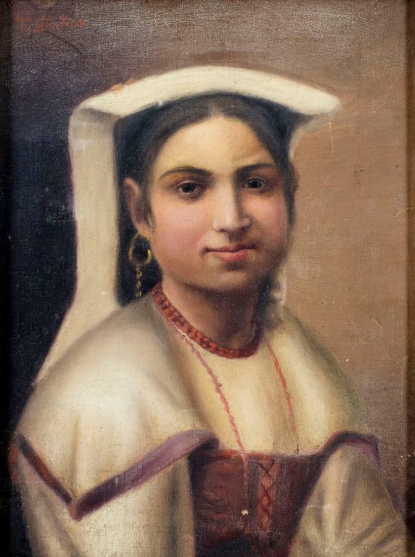 T Stokar (Europe,early 20C) oil painting antique: ARTIST: T Stokar (European, early 20 century) TITLE: Portrait of Italian Woman YEAR: 1934 MEDIUM: oil on canvas CONDITION: One small patch. Few small scr