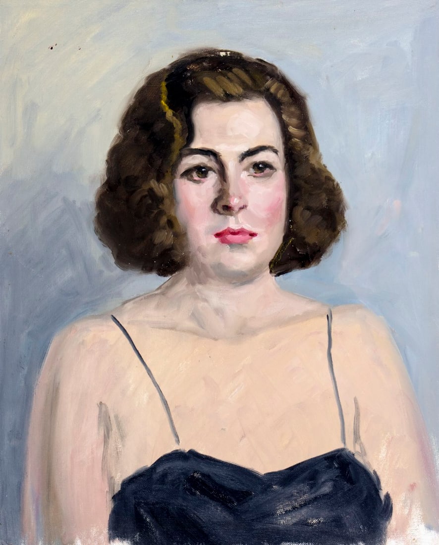 George Holloway (NJ,20C) oil painting: ARTIST: George R Holloway (New Jersey, 20 century) TITLE: Portrait of Woman MEDIUM: oil on canvas board CONDITION: Few dark spots by the upper left corner. Few minor paint l