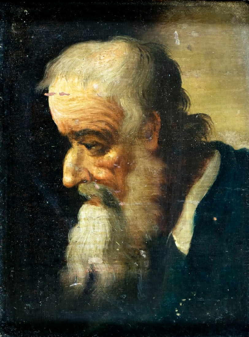 Antique 19C European oil painting: ARTIST: - (Europe, 19 century) TITLE: Portrait of Old Man MEDIUM: oil on board CONDITION: Minor warping. Few small scratches/paint losses. No visible inpaint under UV ligh