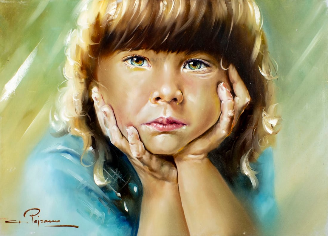 Gastone Peirano (Italy,20C) oil painting: ARTIST: Gastone Peirano (Italian, 20 century) TITLE: Portrait of Girl MEDIUM: oil on canvas CONDITION: Unstretched (In-House stretching available) (In-House stretching avail