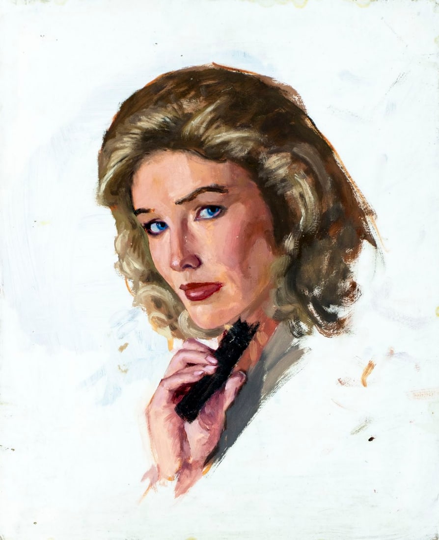 Anne Lindsey Reber (US,20C) oil painting: ARTIST: Anne Lindsey Reber (American, 20 century) TITLE: Portrait of Woman MEDIUM: oil on board CONDITION: Minor damage to the upper left corner. Some scratches/paint losses