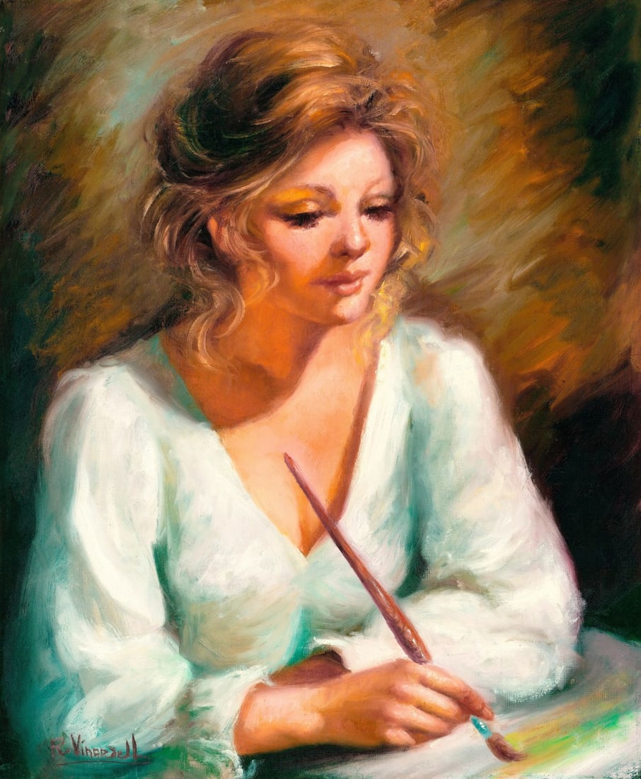 Roser Vinardell (Spain,1941-?) oil painting: ARTIST: Roser Vinardell (Spanish, 1941 - ???) TITLE: Woman Drawing MEDIUM: oil on canvas CONDITION: Unstretched (In-House stretching available) (In-House stretching availa