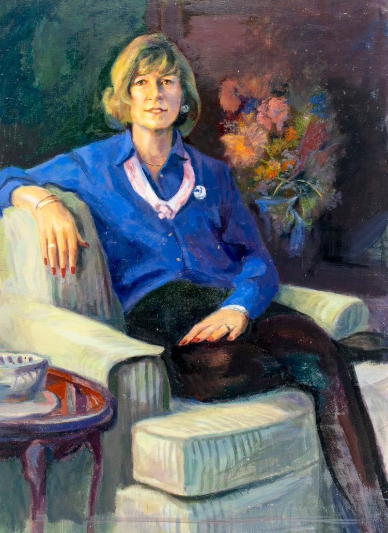 John Reilly (NY,NJ,1942-2021) oil painting: ARTIST: John Reilly (New York, New Jersey, 1942 - 2021) TITLE: Portrait of Seated Woman MEDIUM: oil on board CONDITION: Minor damages to corners. Some scratches/paint loss