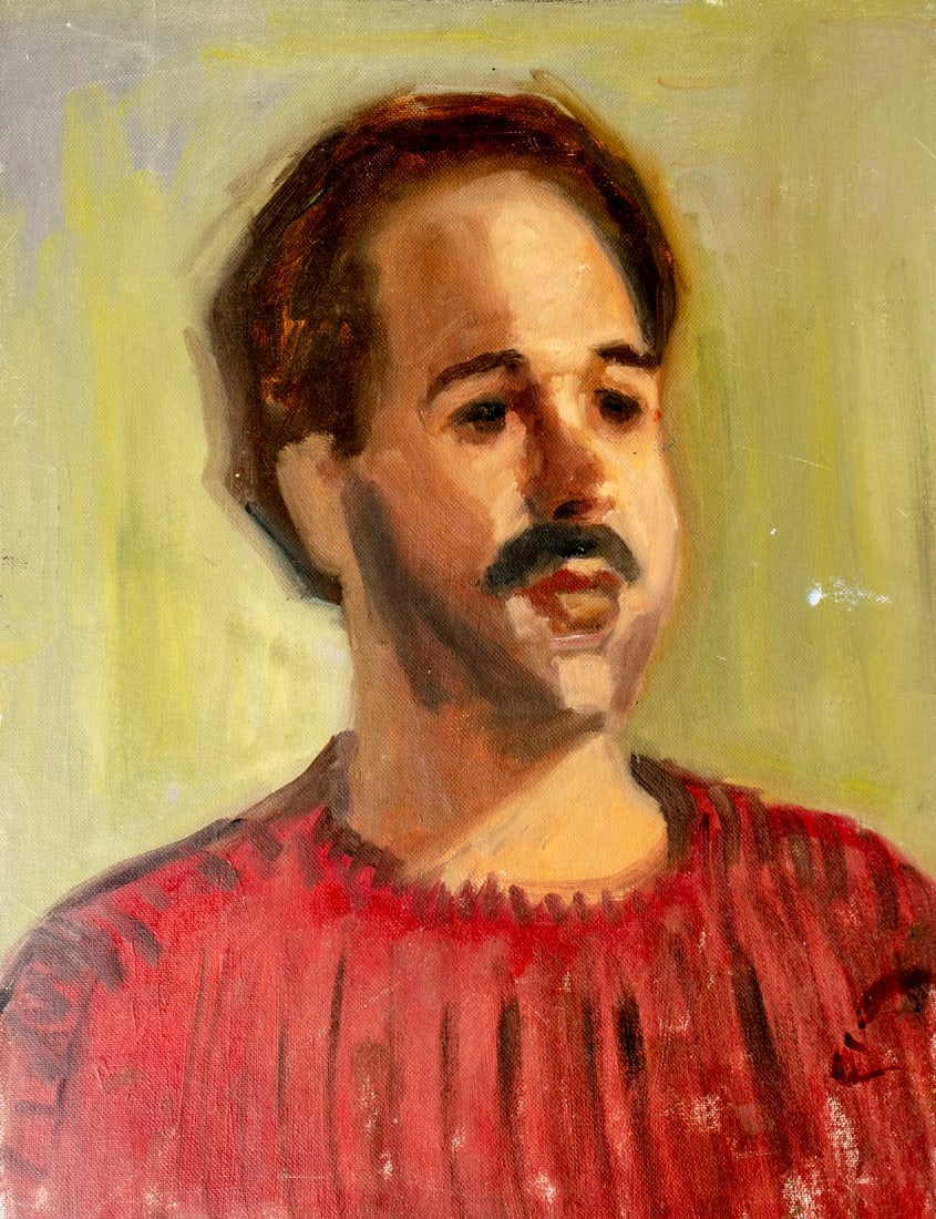 George Holloway (NJ,20C) oil painting: ARTIST: George R Holloway (New Jersey, 20 century) TITLE: Portrait of Man MEDIUM: oil on canvas board CONDITION: Few small scratches/paint losses. White paint spot by the ri