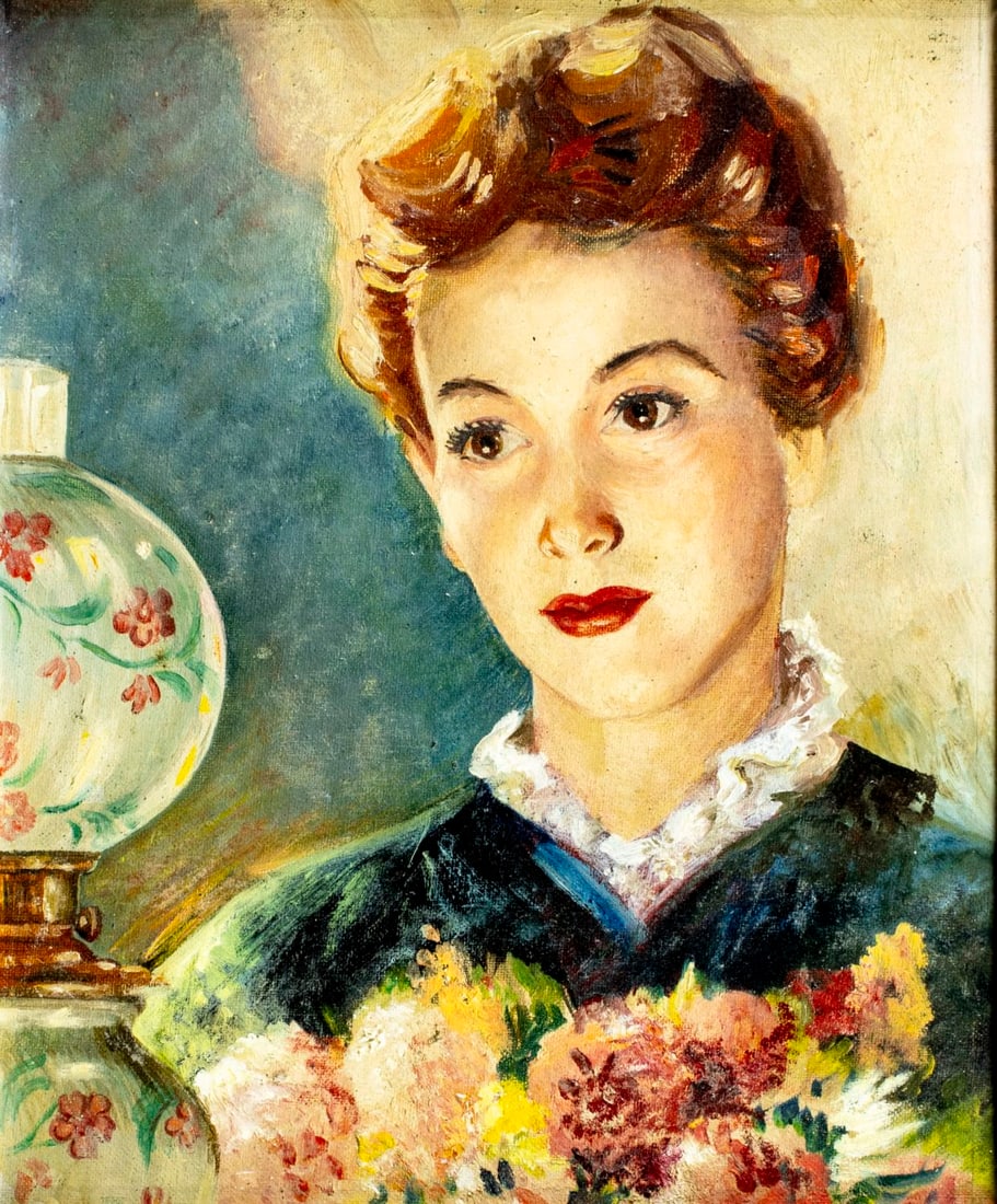 Antique early 20C American oil painting: ARTIST: - (American, early 20 century) TITLE: Portrait of Woman with Flowers MEDIUM: oil on canvas board CONDITION: Few minor paint losses by the lower edge. No visible in