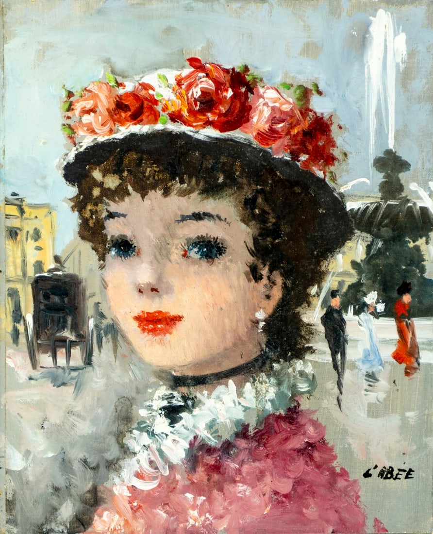 L'Abee (France,20C) oil painting: ARTIST: L'Abee (French, 20 century) TITLE: Portrait of Parisian Lady MEDIUM: oil on canvas. Canvas applied to board. CONDITION: Few very minor paint losses. No visible inpai