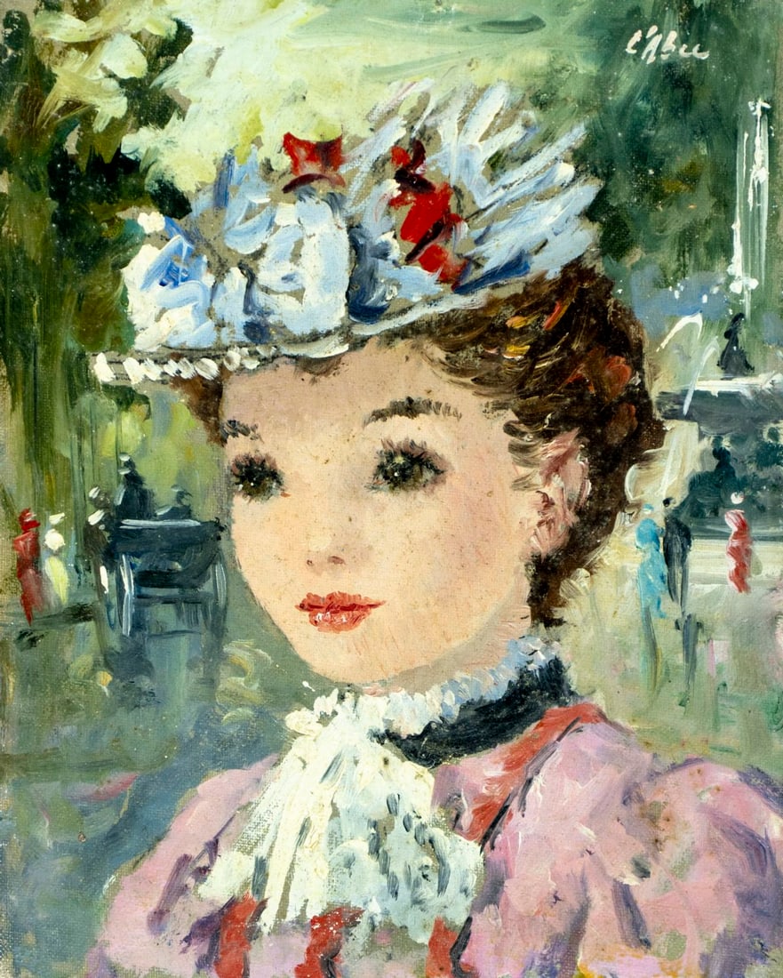 L'Abee (France,20C) oil painting: ARTIST: L'Abee (French, 20 century) TITLE: Portrait of Parisian Lady MEDIUM: oil on canvas board CONDITION: Few minor paint losses. No visible inpaint under UV light. Normal