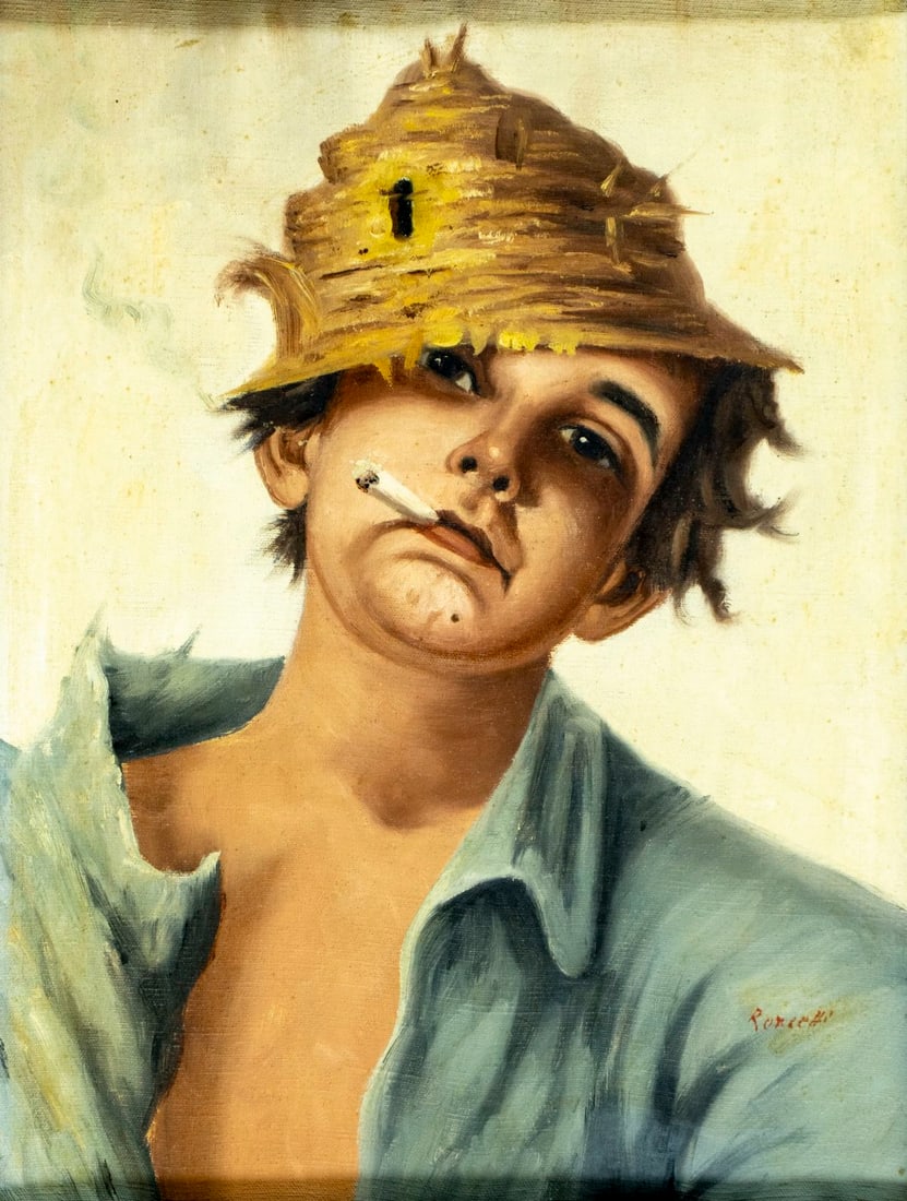 Roncelli (Italy,mid 20C) oil painting: ARTIST: Roncelli (Italian, mid 20 century) TITLE: Portrait of Smoking Boy MEDIUM: oil on canvas CONDITION: Overall good. No visible inpaint under UV light. Some damages to f