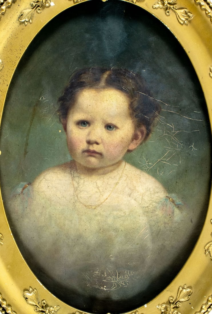 Antique 19C American oil painting: ARTIST: - (American, 19 century) TITLE: Portrait of Girl MEDIUM: oil on canvas CONDITION: Minor scratches/paint losses mostly along edges. Some craquelure. Some scattered