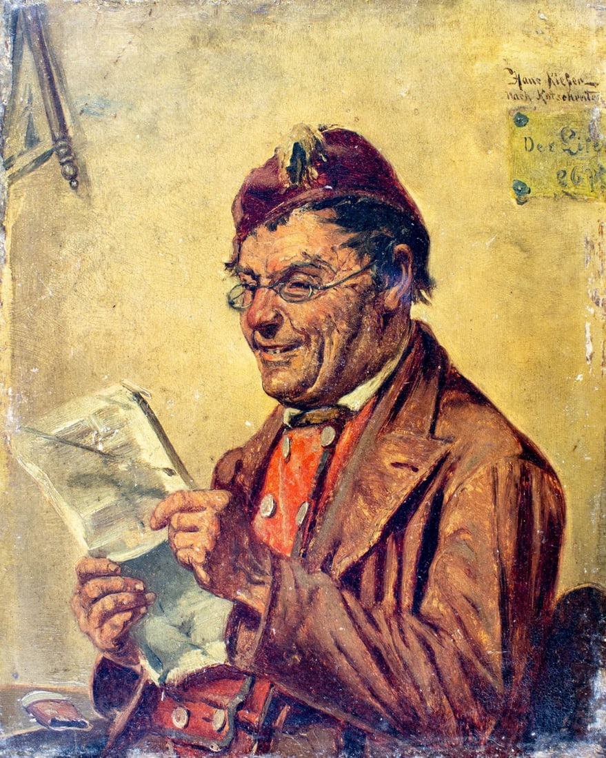 Hans Kiefer (German,early 20C) oil painting antique: ARTIST: Hans Kiefer (Germany, early 20 century) TITLE: Man Reading Letter MEDIUM: oil on board CONDITION: Minor paint losses. Minor craquelure. No visible inpaint under UV l