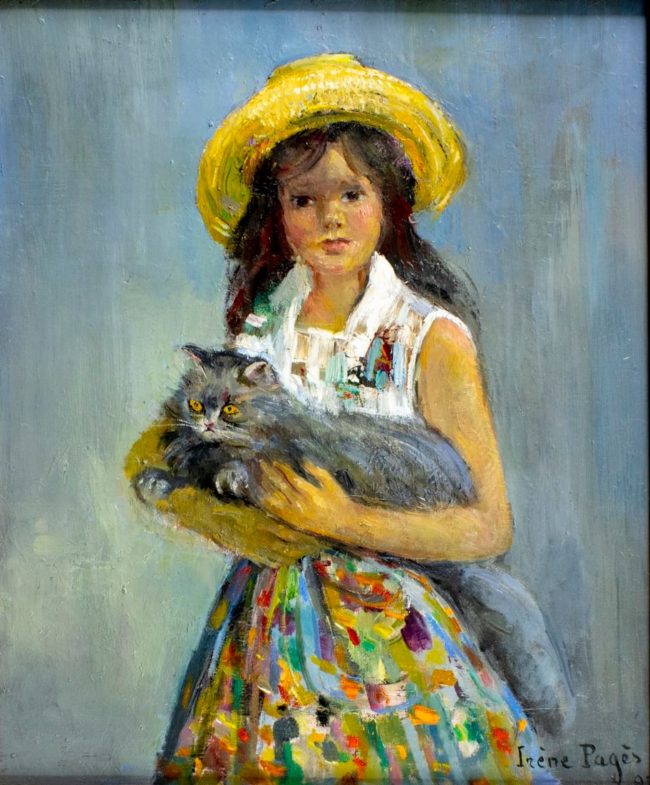 Irene Pages (France,1934-?) oil painting: ARTIST: Irene Pages (French, 1934 - ???) TITLE: Fillette au Chat YEAR: 1990s MEDIUM: oil on canvas CONDITION: Few minor scratches/paint losses. No visibl