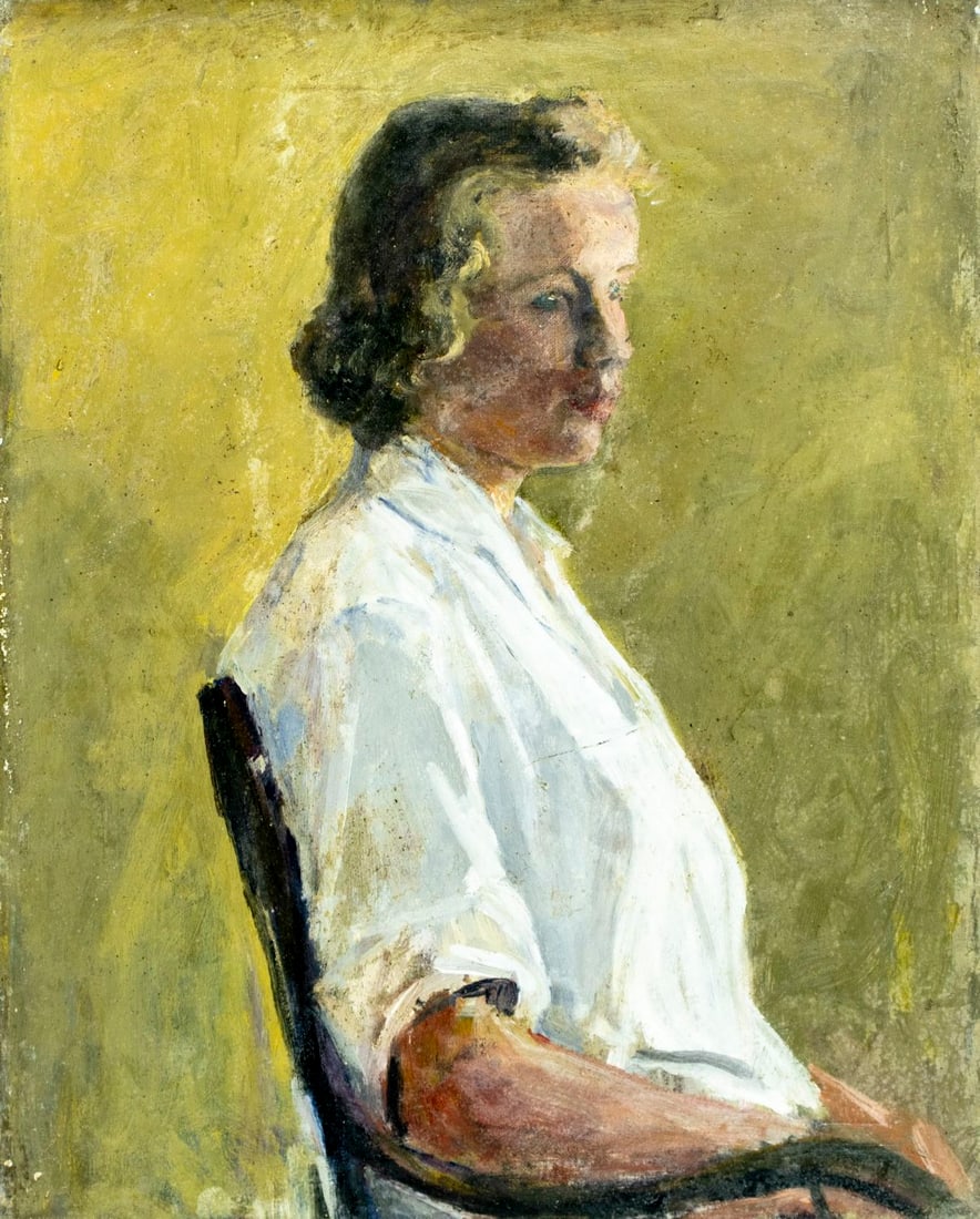 Helen DuMond (NY,CA,OR,1872-1968) oil painting: ARTIST: Helen Savier DuMond (New York, California, Oregon, 1872 - 1968) TITLE: Portrait of Woman MEDIUM: oil on canvas CONDITION: Two repaired tears. Some scratches/paint